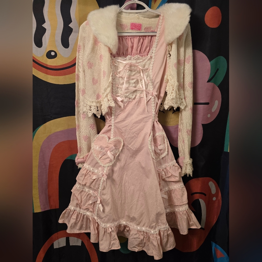 Angelic Pretty Pink Lace-Up Ruffled Dress Cream Bunny Tail Cardigan Small